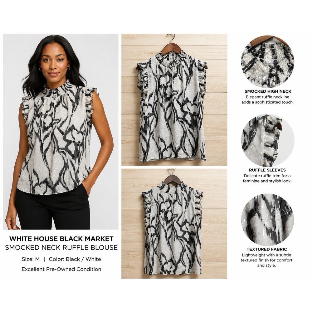 White House Black Market Smocked Neck Ruffle Sleeve Blouse Women's Medium Black